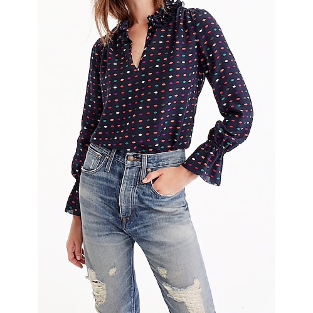 J.Crew Petite Ruffle Neck Silk Top In Lips Print